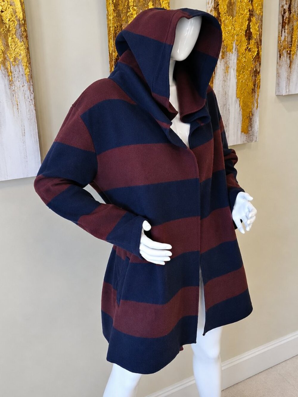 For Cynthia Brown/Blue Hooded Waist Tie Striped Wool Cardigan SZ L